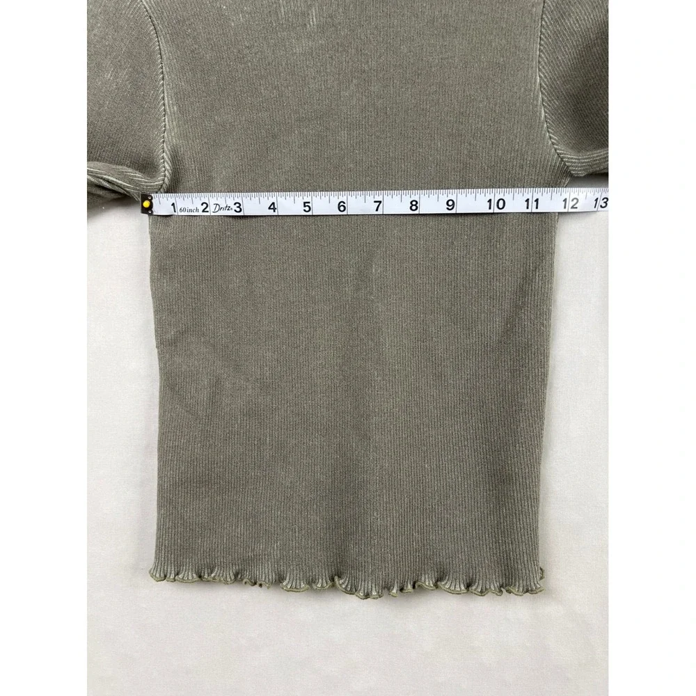 Debut Ribbed V-Neck Top Women S/M Light Moss Lettuce Edge Long Sleeve Minimalist